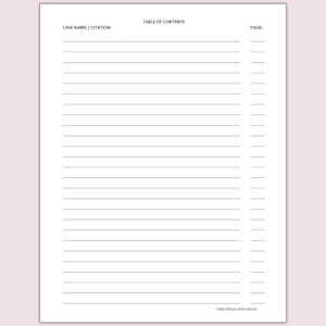 May include: A blank table of contents template with lines for listing topics and page numbers. The text at the top says "Case Name/Citation: Table of Contents Page:"