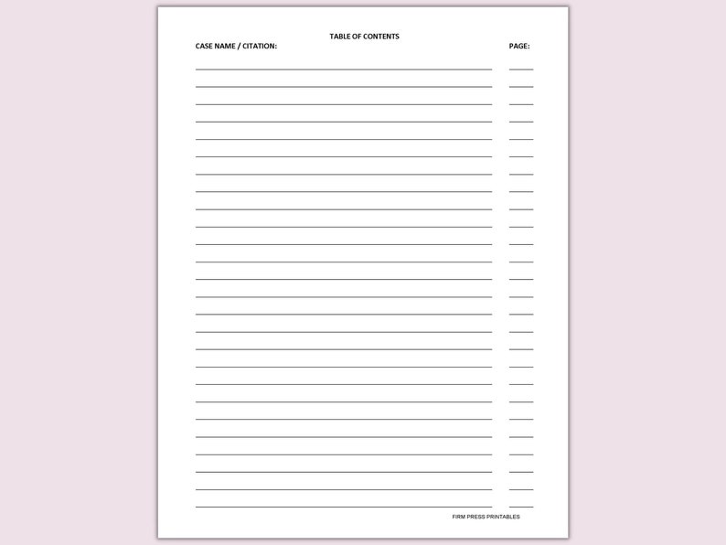 May include: A blank table of contents template with lines for listing topics and page numbers. The text at the top says "Case Name/Citation: Table of Contents Page:"