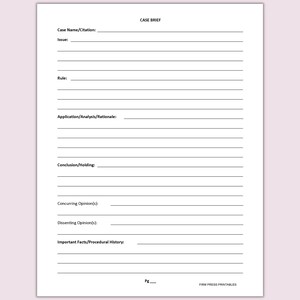 case brief printable, issue, rule analysis, conclusion, and other case brief sections.