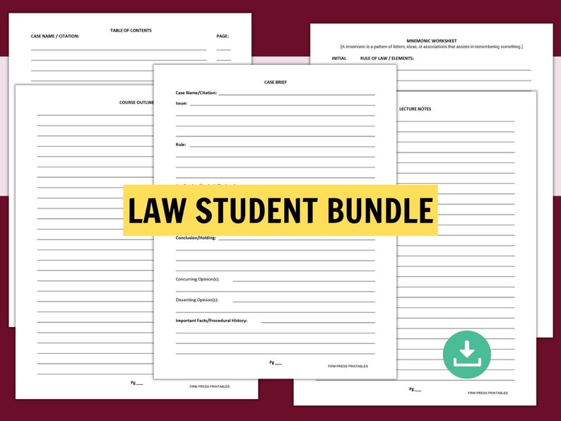 law school case brief bundle including issue, rule, analysis, conclusion, blank notes page, table of contents, blank outline, and mnemonic worksheet.