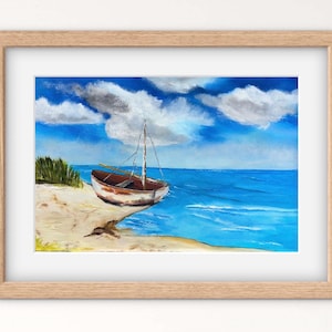May include: A framed painting of a small boat on a sandy shore, with a bright blue ocean and sky filled with fluffy white clouds. The boat is brown and white, and the artwork is in a wooden frame.