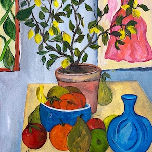 May include: A still life painting featuring a potted lemon tree with yellow lemons, a blue bowl of fruit, and a blue vase. The fruit includes oranges, pears, and a tomato. The background includes a painting of a dress.