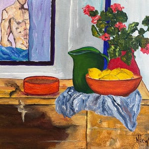 May include: An oil painting depicting a still life with a red bowl filled with lemons, a green pitcher, and a red vase with pink flowers. A framed image of a person is in the background. The painting is on a wooden surface.