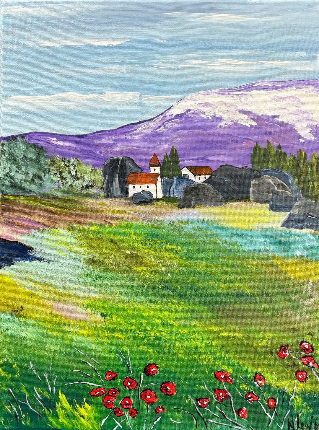 Landscape Acrylic Painting: Mountain Village Art, 9x12 Unframed Canvas ...
