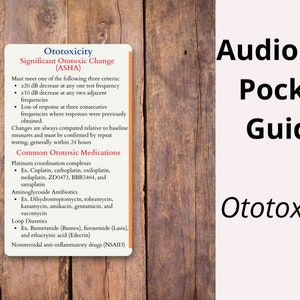 Pode incluir: Um guia de bolso de audiologia intitulado "Ototoxicity". Apresenta critérios para alterações ototóxicas significativas e medicamentos comuns. O fundo é de madeira. Medidas não aplicáveis.