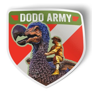 May include: A green, white, and red shield-shaped sticker with the text "DODO ARMY" in white. A cartoon illustration of a blue and brown dodo bird with a person riding on its back.