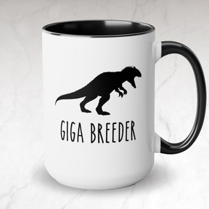 Giga Breeder Mug, 15oz Ceramic Two-Tone Coffee Mug, Gifts For Gamers, Ark Survival Evolved Giganotosaurus Dinosaur Funny Video Game Gift Mug