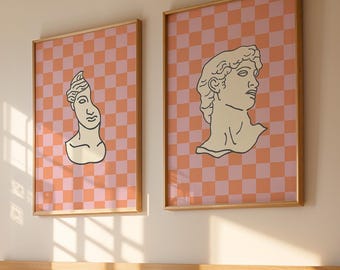 Set of 2 Greek Style Statue Bust Checker Pink Orange Pop Art Prints Digital Art Print Download - David and Apollo
