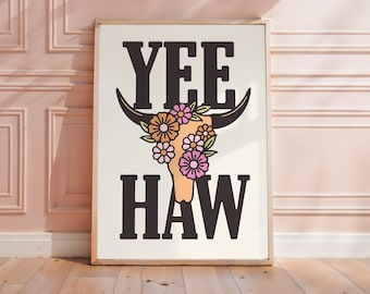 YeeHaw Western Steer Head Digital Art Print Download Pink Red