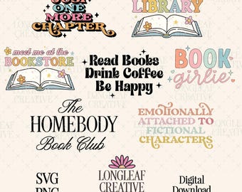 Bookish SVG PNG Bundle 2 Digital Download - Set of 7 Book-themed Designs