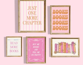 Set of 5 Bookish Pink and Orange Art Prints Digital Art Print Download