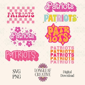 May include: A digital download of 10 different retro-style designs featuring the word "Patriots" in various colours and fonts. The designs include a chequered background, a floral design, and a stacked design.