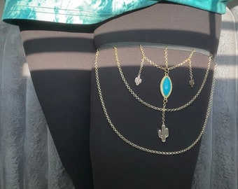 Beautiful custom made thigh chain garter! Desert, Arizona theme. Gold, cactus, faux turquoise, elastic band.