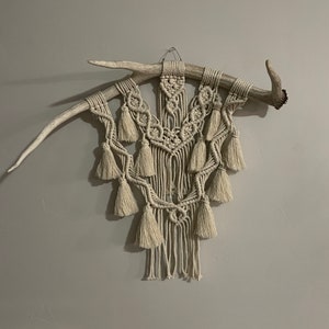 May include: A macrame wall hanging with a natural cream color, featuring a geometric design with tassels. The hanging is attached to a white antler.