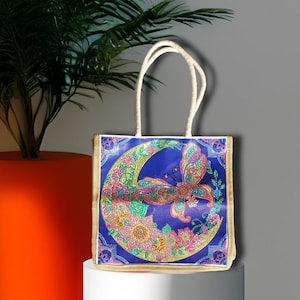 Butterfly and Moon Tote Bag-Butterfly and Moon Shoulder Bag-Butterfly and Moon Linen Shopping Bag- Diamond Painting Art