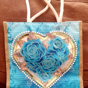 Blue Roses with white heart Diamond Painting Linen Tote Bag 10x10 Reusable Eco-friendly Storage Pouch for Shopping Foldable Grocery Tote Bag