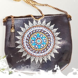 Mosaic Leather Hand Bag- Mosaic Clutch Bag-Mosaic Evening Bag Mosaic Hand Bag with Gold Chain