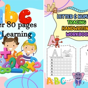 May include: A colorful workbook with the title "Letter & Number Tracing Handwriting Workbook". The cover features a cartoon monkey, a pencil, and an ant. The inside pages show examples of tracing letters and numbers, as well as a page for counting and coloring.