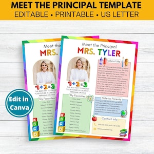 EDITABLE Plantilla Meet the Principal / Carta de bienvenida imprimible de regreso a clases de Rainbow / Plantilla personalizable Rainbow Meet the Teacher