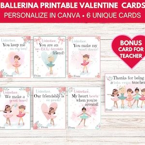 Personalisierbare Ballerina Valentinstag Karten (6er Set + Bonus Lehrer Valentine) | Instant Download Ballerina Tänzerin Klassenzimmer Valentinstag