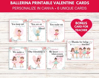 Personalizable Ballerina Valentine's Day Cards (Set of 6 + Bonus Teacher Valentine) | Instant Download Ballerina Dancer Classroom Valentines