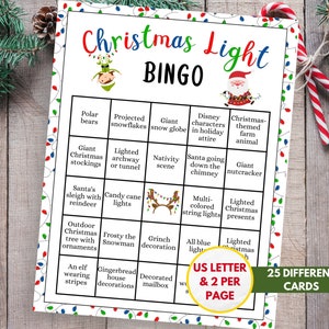 Bingo de luz navideña con 25 cartas / Juego de fiesta de Navidad imprimible, Búsqueda del tesoro en grupo, Juego de fiesta navideña, Búsqueda del tesoro en el vecindario