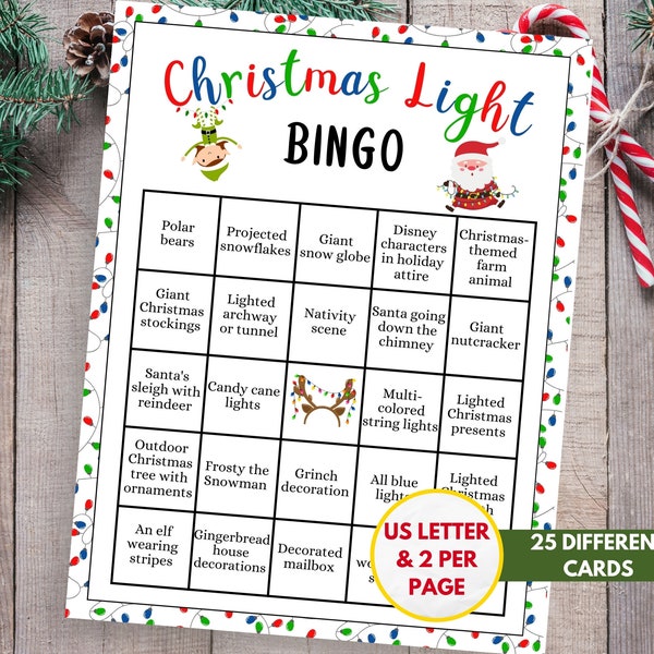 Christmas Light Bingo with 25 Cards | Printable Christmas Party Game, Group Scavenger Hunt, Holiday Party Game, Neighborhood Scavenger Hunt