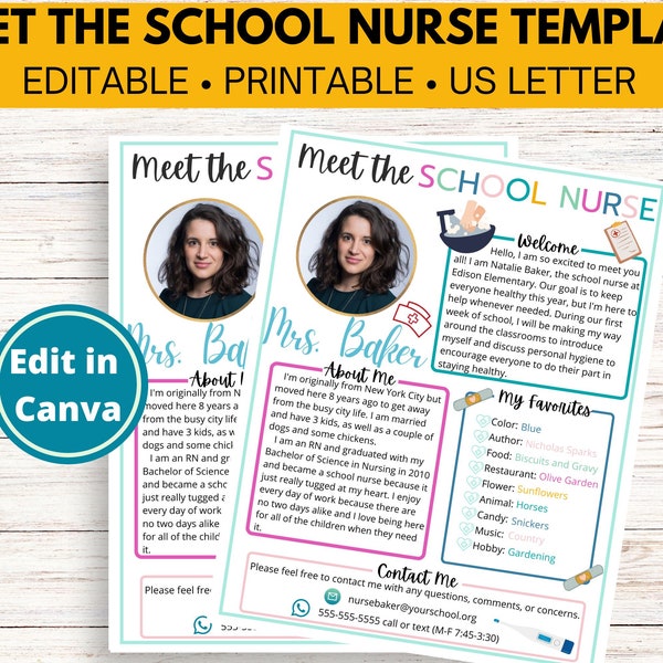 Meet the School Nurse Template | Back to School Printable Welcome Letter