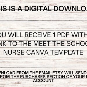 Puede incluir: Texto sobre un fondo de veta de madera que dice: "Esta es una descarga digital. Recibir&aacute;s 1 PDF con un enlace a la plantilla Canva Meet the School Nurse. Descarga desde el correo electr&oacute;nico que Etsy te enviar&aacute; o desde la secci&oacute;n de compras de tu cuenta de Etsy."