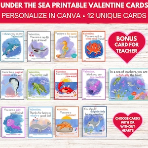 Personalisierbare unter dem Meer Kinder Valentinstag Karten | 12er-Set + Lehrerkarte | Druckbare Ocean Animal Klassenzimmer Valentinstag Karten