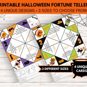 May include: Printable Halloween fortune teller game with four unique designs. The fortune tellers feature a witch, a black cat, a jack-o-lantern, and a monster. The text on the fortune tellers includes phrases like "What kind of candy is never on time?" and "Who won the jack-o-lantern decorating contest?"