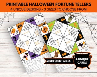 May include: Printable Halloween fortune teller game with four unique designs. The fortune tellers feature a witch, a black cat, a jack-o-lantern, and a monster. The text on the fortune tellers includes phrases like "What kind of candy is never on time?" and "Who won the jack-o-lantern decorating contest?"