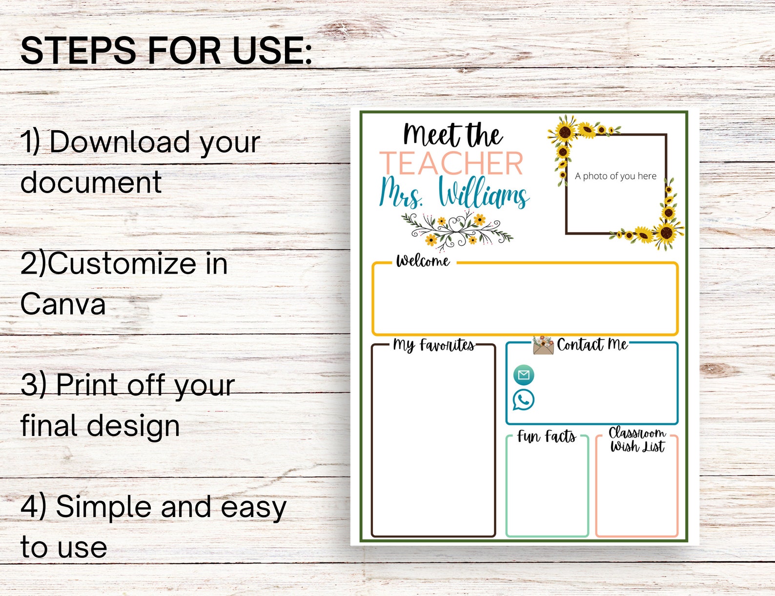 Sunflower Meet the Teacher Editable Template Back to School Printable ...