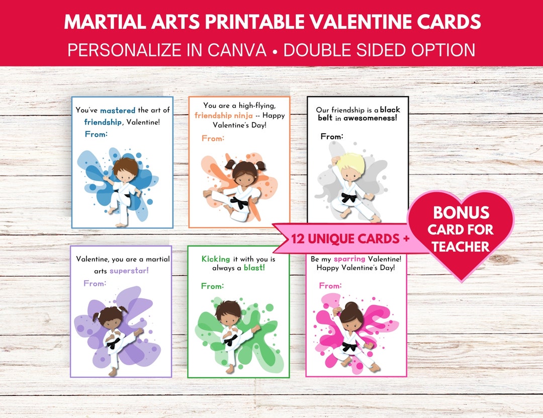 Personalizable Martial Arts Valentine's Day Cards (set of 12 + Teacher ...