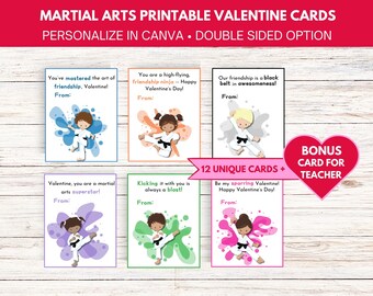 Personalizable Martial Arts Valentine's Day Cards (Set of 12 + Teacher Card) | Printable Karate Kids Classroom Valentine Instant Download