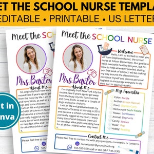 EDITABLE Meet the School Nurse Template | Printable Back to School Nurse Welcome Letter, Customizable About the Nurse Flyer Instant Download