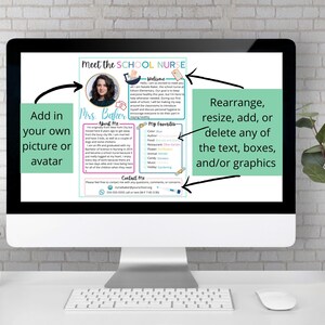 Puede incluir: Una pantalla de computadora que muestra una plantilla imprimible para una introducci&oacute;n de la enfermera de la escuela. La plantilla incluye un lugar para una foto, un mensaje de bienvenida, informaci&oacute;n sobre la enfermera y una secci&oacute;n para cosas favoritas. El texto dice "Meet the School Nurse", "Welcome", "Mrs. Baker", "About Me", "My Favorites", y "Contact Me".