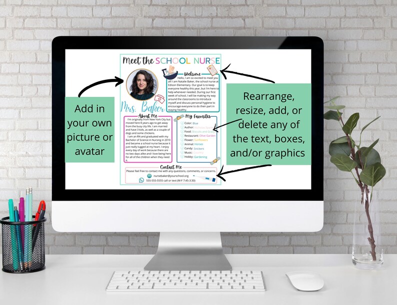 Puede incluir: Una pantalla de computadora que muestra una plantilla imprimible para una introducci&oacute;n de la enfermera de la escuela. La plantilla incluye un lugar para una foto, un mensaje de bienvenida, informaci&oacute;n sobre la enfermera y una secci&oacute;n para cosas favoritas. El texto dice "Meet the School Nurse", "Welcome", "Mrs. Baker", "About Me", "My Favorites", y "Contact Me".