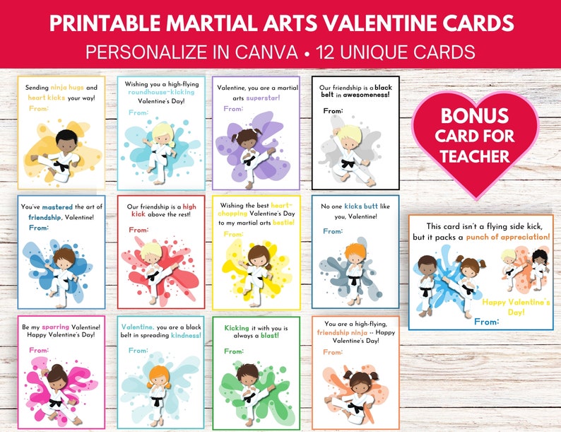 Personalizable Martial Arts Valentine's Day Cards (set of 12 + Teacher ...