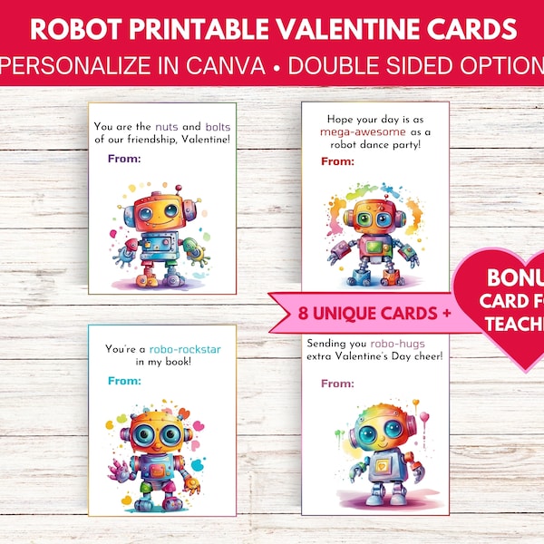 Personalizable Rainbow Robot Valentine's Day Cards (Set of 8 + Teacher Card) | Printable Robot Classroom Valentine | Instant Download