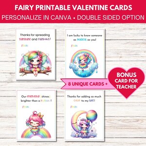 Personalizable Rainbow Fairy Valentine&#39;s Day Cards (Set of 8 + Teacher Card) | Double-Sided Whimsical Fairy Classroom Cards,School Valentine