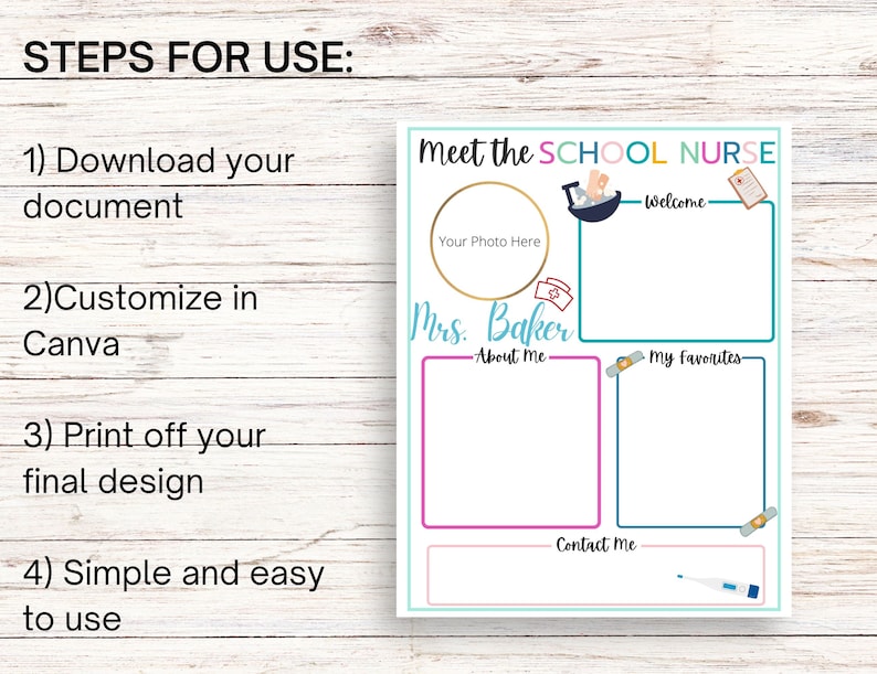 Puede incluir: Un cartel imprimible para la presentaci&oacute;n de la enfermera escolar con espacio para una foto, un mensaje de bienvenida, una secci&oacute;n de "sobre m&iacute;" y cosas favoritas. El cartel est&aacute; decorado con iconos m&eacute;dicos y tiene una combinaci&oacute;n de colores azul, rosa y turquesa.