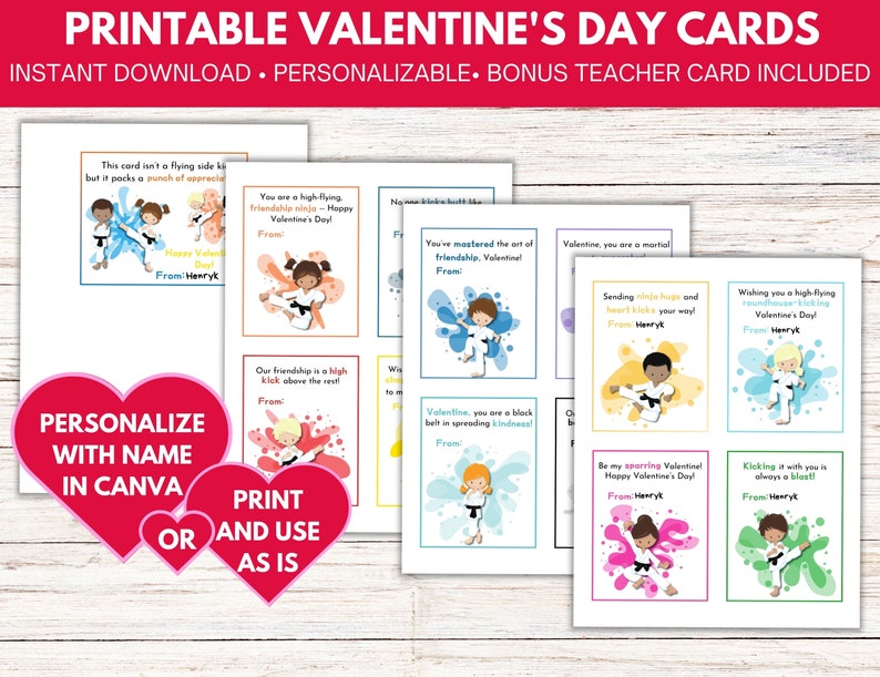 Personalizable Martial Arts Valentine's Day Cards (set of 12 + Teacher ...