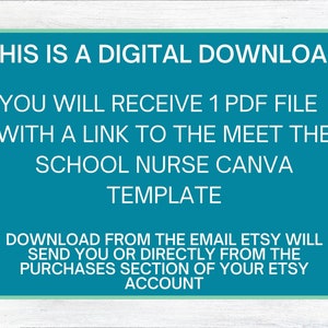 K&ouml;nnte beinhalten: Ein blaugr&uuml;nes Rechteck mit wei&szlig;em Text, der lautet: "Dies ist ein digitaler Download. Sie erhalten 1 PDF-Datei mit einem Link zum Canva-Template "Meet the School Nurse". Laden Sie die Datei &uuml;ber die E-Mail herunter, die Etsy Ihnen sendet, oder direkt aus dem Kaufbereich Ihres Etsy-Kontos."