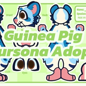 May include: A Guinea Pig Fursona Adopt design in blue, white, and pink. The design includes front, side, and back views, with the text "Guinea Pig Fursona Adopt" in green. The design also includes the text "Species: Guinea Pig".