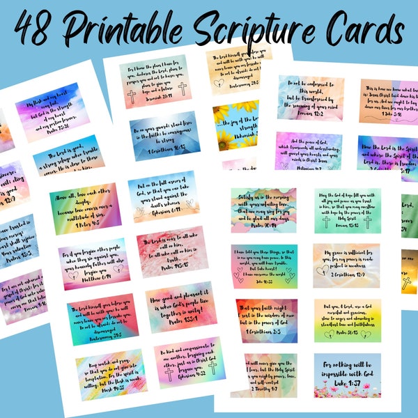 48 Printable Scripture Cards, Bible Verses, Colorful Inspiration Cards