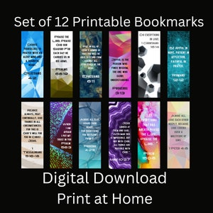 Set of 12 Bible Verse Bookmarks, Christian Bookmarks, Printable Bookmarks