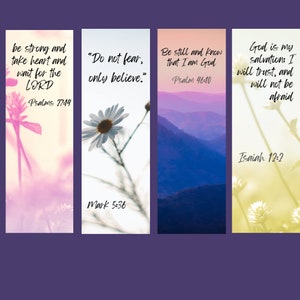 May include: Four colorful bookmarks with inspirational quotes and bible verses. The bookmarks feature a floral design with a daisy, a mountain range, and a blurred background.