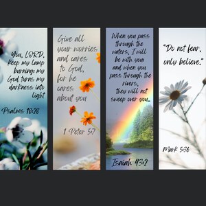 May include: Four colorful bookmarks with inspirational quotes and verses from the Bible. Each bookmark features a different floral design and a rainbow.