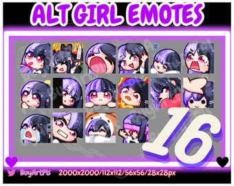 16 GIRL EMOTES! (lila / schwarz) -Pack für Twitch, Abonnenten, Discord, Cool Emote, Twitch Art für Streamer, Split Dye, Chibi, Goth